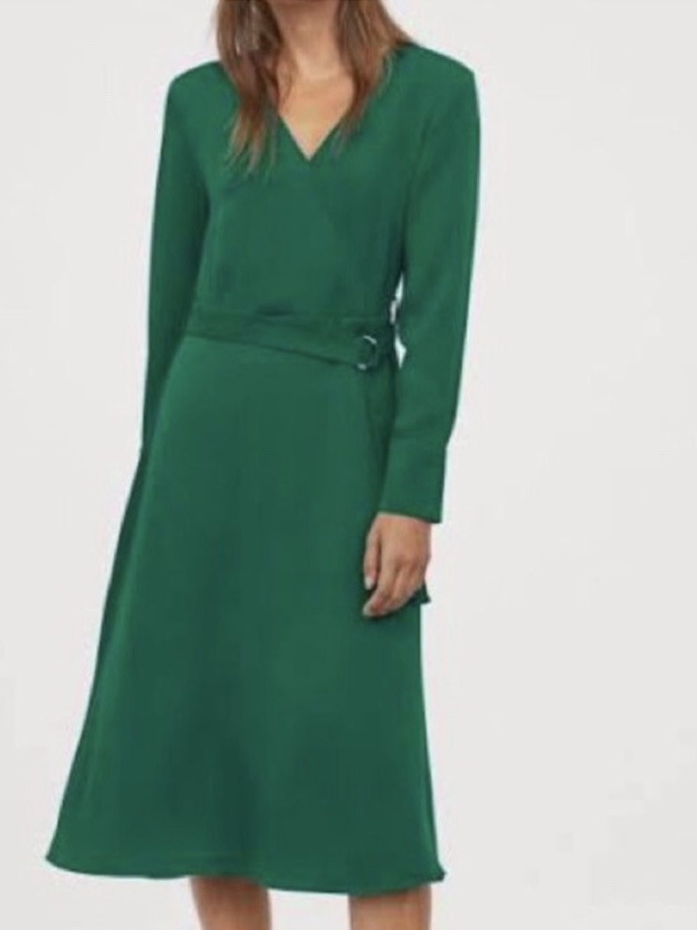 H&M Emerald Green Long Sleeve V-Neck Midi Dress